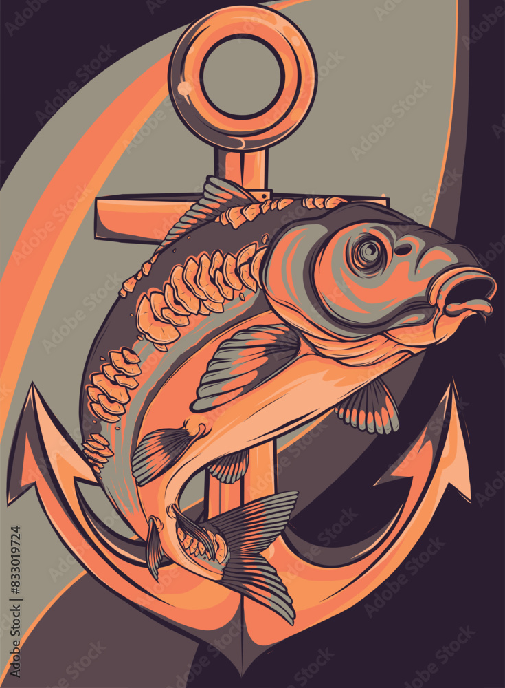 Wall mural vector illustration of carp fish with anchor