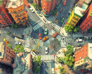 Obraz premium Illustrate a vibrant aerial view, depicting a bustling city scene from above in a dynamic 3D animation style