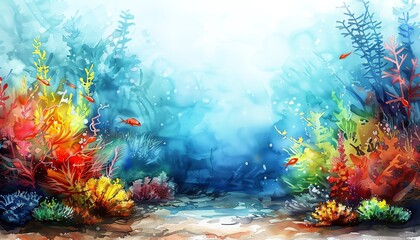 Obraz premium Capture a serene underwater world in watercolor, showcasing dreamy oceanic landscapes with an Impressionist touch Tilt the view for a unique perspective