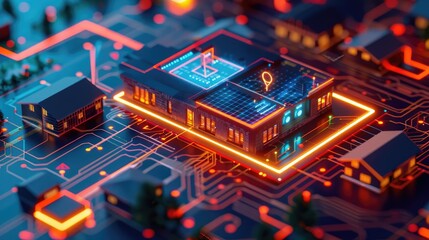 Futuristic Smart Home Technology: Digital Circuit Board with House Models and Holographic Interfaces