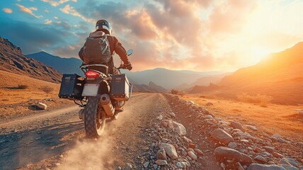 Traveler exploring the world on an adventure motorcycle while traveling over a rough and uneven road on a rock mountain at sunset.