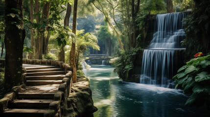 Waterfall in Thailand.View of waterfall in beautiful garden