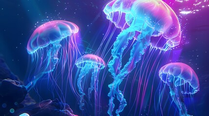 Mesmerizing Jellyfish Dance in Bioluminescent Seascape of Vibrant Lights and Colors