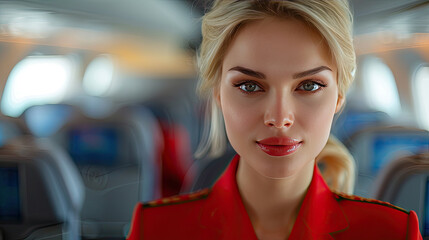 Airline Flight Attendant Smiling in Airplane Cabin - Professional Crew Member in Uniform