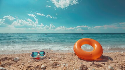 Obraz premium Relaxing Beach Day with Orange Inflatable Ring and Snorkeling Gear on Sunny Shoreline