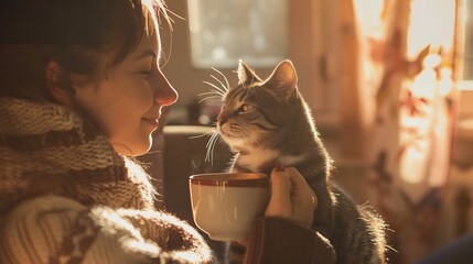 Capture the bond between a person and their cat during a quiet morning coffee ritual, with the aroma of coffee and the warmth of the sun adding to the cozy setting Hug Your Cat Day