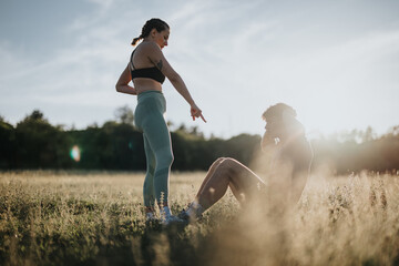 A man and woman exercising together outside at sunset, performing sit-ups in a park. Fitness...