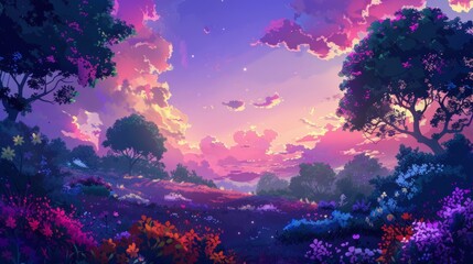 Soft focus on lush greenery with few tree silhouettes and scattered flowers