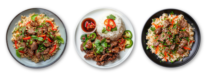 Plates with rice and beef isolated on transparent background, top view