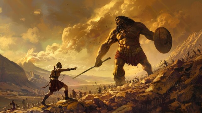 David fighting Goliath on the battlefield in high resolution and high quality. concept religion, history