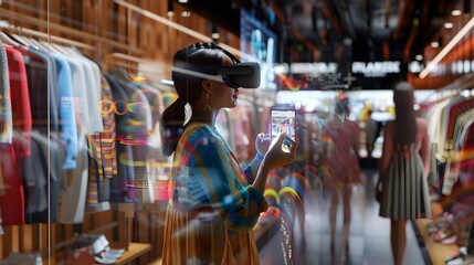 Woman Immersed in Virtual Reality Headset in Clothing Store