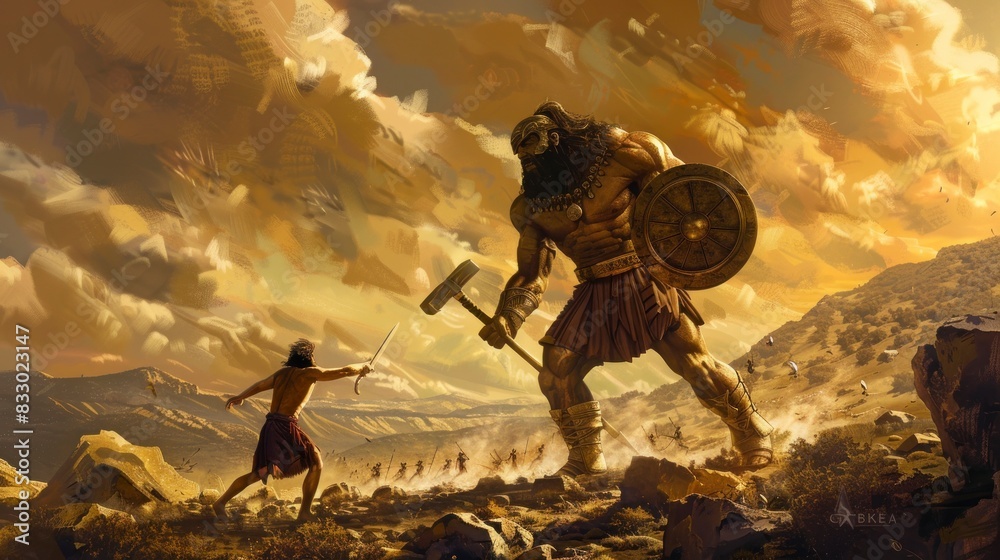 Wall mural David fighting Goliath on the battlefield