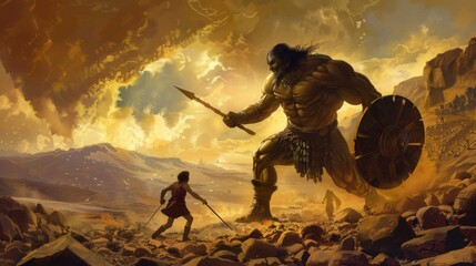 Obraz premium David fighting Goliath on the battlefield in high resolution and quality