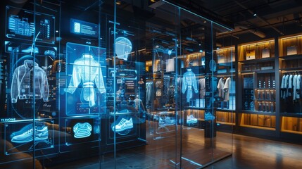 Naklejka premium Integrated retail management system. The concept of omnichannel retailing. advanced integration of e-commerce technology, enhancing the shopping experience with a modern and interactive approach