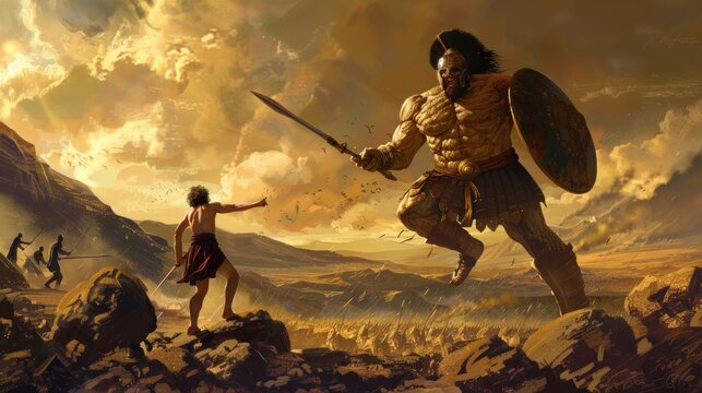 David and Goliath facing off on a desert battlefield