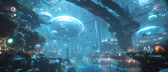 Futuristic Underwater City Neon lights illuminate the underwater environment, beautifully displaying the cityscape.