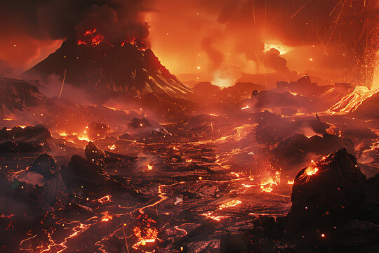 The condition of the world is extremely hot. Lava flows from volcanic eruptions fill the earth with hot lava.