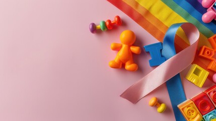 Autism themed awareness ribbon and kids toys displayed against a pink backdrop