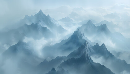 Cloudcovered mountain range on a foggy day under a cloudy sky - Powered by Adobe