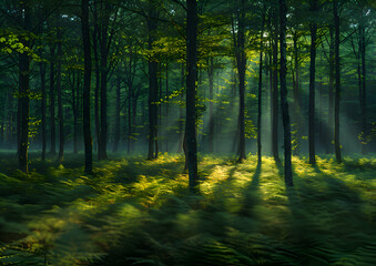 Fototapeta premium A vibrant nature forest at dusk, the last light of the day creating long shadows and a serene atmosphere