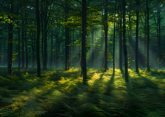 A vibrant nature forest at dusk, the last light of the day creating long shadows and a serene atmosphere