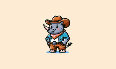 Naklejka premium rhino wearing hat cowboy vector mascot design