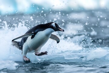 A penguin sliding on ice towards the ocean.