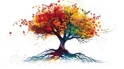 tree with colorful watercolor leaf