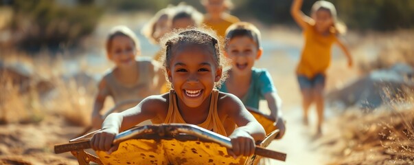 Children competing in a wheelbarrow race with laughter