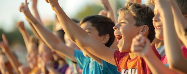 Fototapeta premium A group of children cheering for their teammates from the sidelines