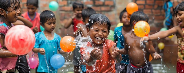 Children having fun in a water balloon toss event