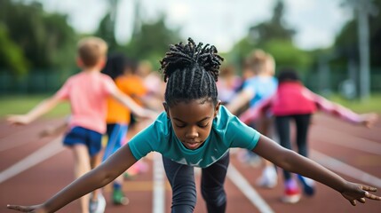 A group of children stretching and warming up before a track event