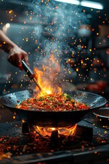 Stir-frying vegetables in a wok over an open flame, with vibrant colors and flying sparks in a bustling kitchen.
