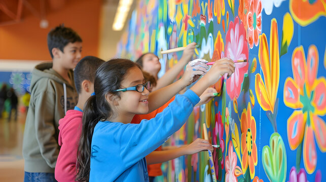 Children of various ages and backgrounds participating in a collaborative art project, painting a large mural on a community center wall