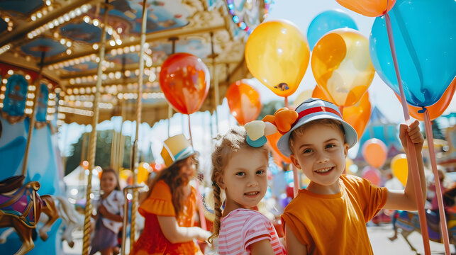 A group of children wearing oversized hats and holding balloons, exploring a whimsical outdoor fairground with carousel and Ferris wheel