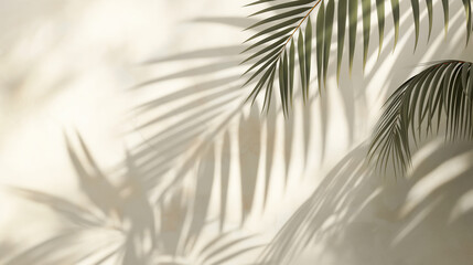 Fototapeta premium Blurred shadow from palm leaves on light cream wall. Minimalistic beautiful summer spring background for product presentation 2