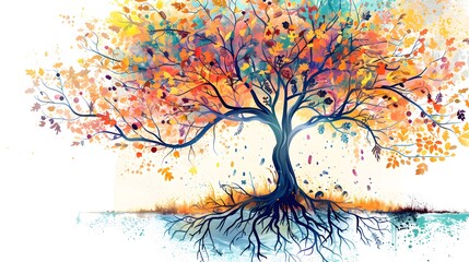 Naklejka premium tree with colorful watercolor leaf