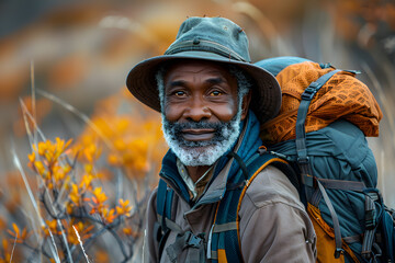 Obraz premium Senior black man with a gray beard and a warm smile trekking through scenic routes. Outdoor activities and travel, relaxation and wellness in nature, highlighting the beauty of an active lifestyle.