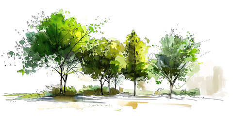 Green tree with leaves sketch architectural drawing in style of watercolor elements design,  isolated on white background, png