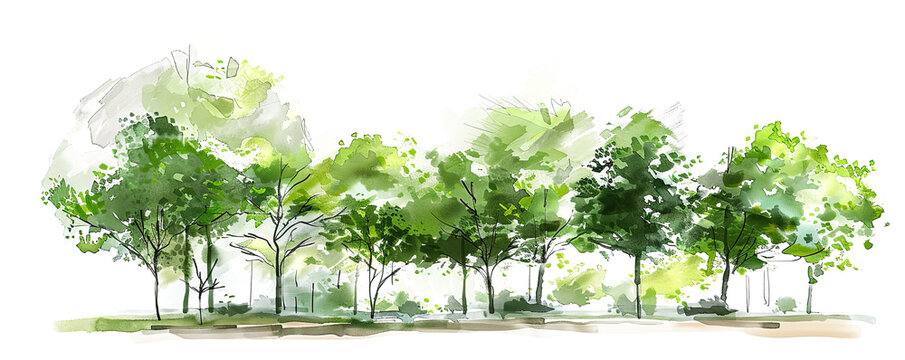 Green tree with leaves sketch architectural drawing in style of watercolor elements design,  isolated on white background, png