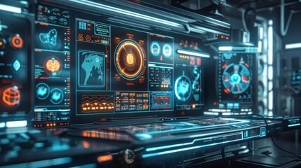 Futuristic control room with glowing interfaces and high-tech equipment, perfect for themes of technology, cybersecurity, and science fiction.