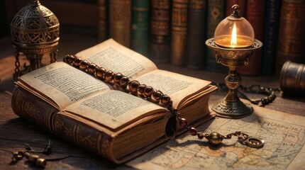 Antique Book, Candle and Beads on Wooden Table