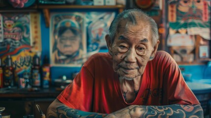 Naklejka premium Portrait of a old man tattoo artist at studio tattoo