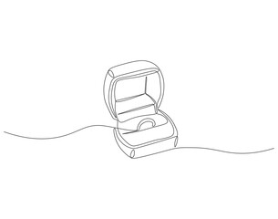 Obraz premium Continuous one line drawing of engagement ring in a box. One line drawing illustration of ring boxes for engagement. Romantic engagement concept continuous line art. Editable outline.
