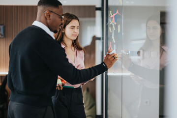 Two multiracial colleagues, a man and a woman, engage in a dynamic brainstorming session in the office. They are busy writing and discussing ideas on a glass wall using sticky notes and markers.