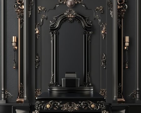 A lavish luxury black showcase product podium adorned with ornate metallic accents, super realistic