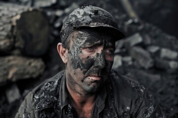 Fototapeta premium A man covered in coal dust, with a tired expression, super realistic