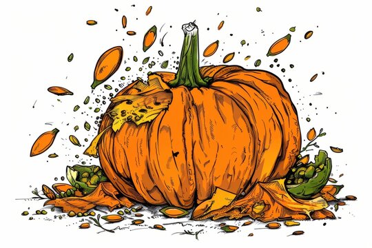 Cartoon cute doodles of a smashed pumpkin with seeds and pieces everywhere, Generative AI