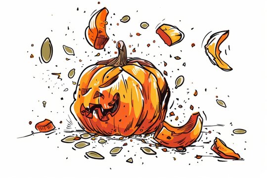 Cartoon cute doodles of a smashed pumpkin with seeds and pieces everywhere, Generative AI