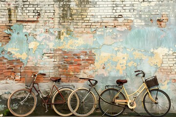 A row of vintage bicycles leaning against a weathered brick wall. - Powered by Adobe
